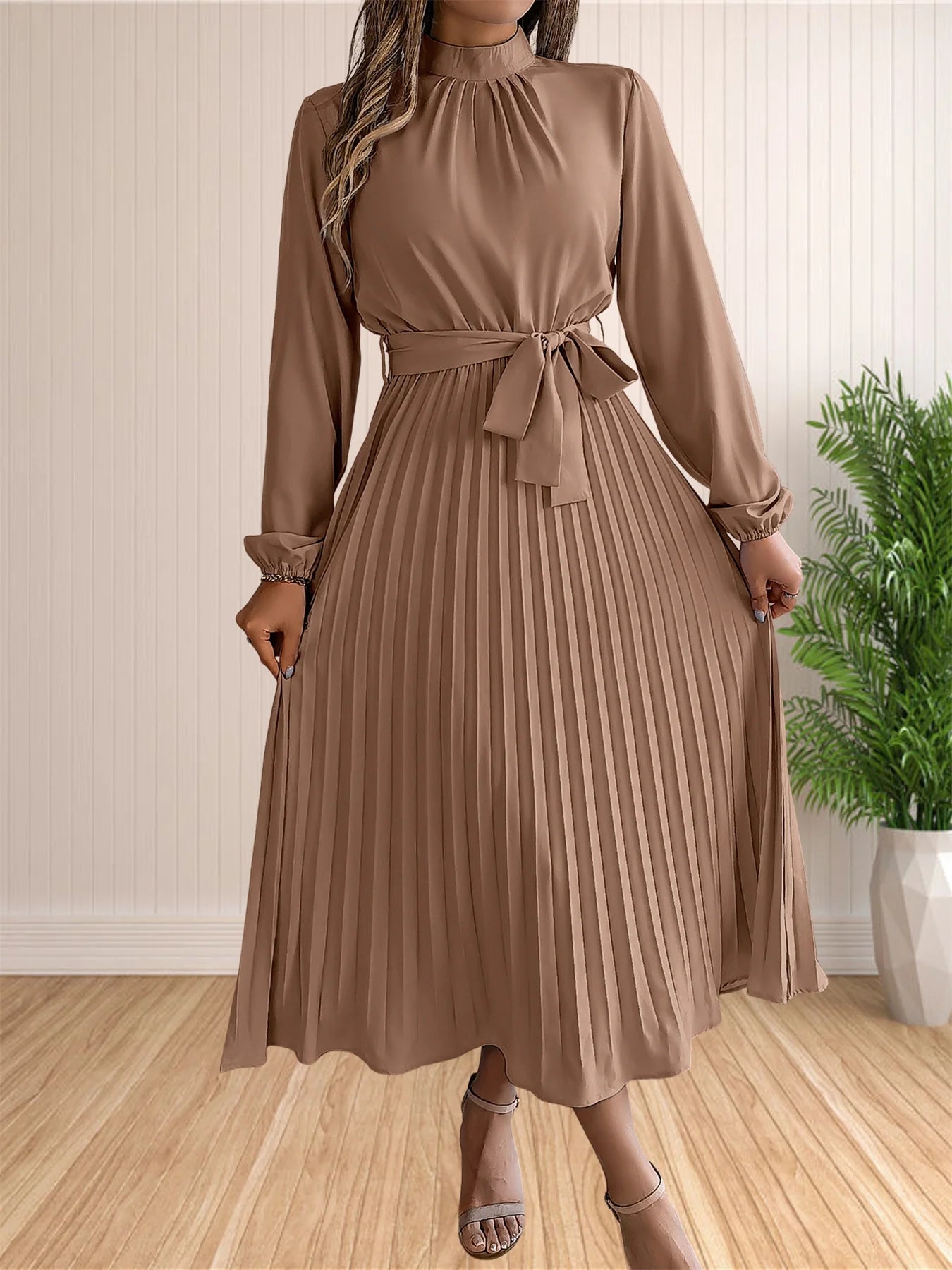 Pleated Long Sleeve Dress