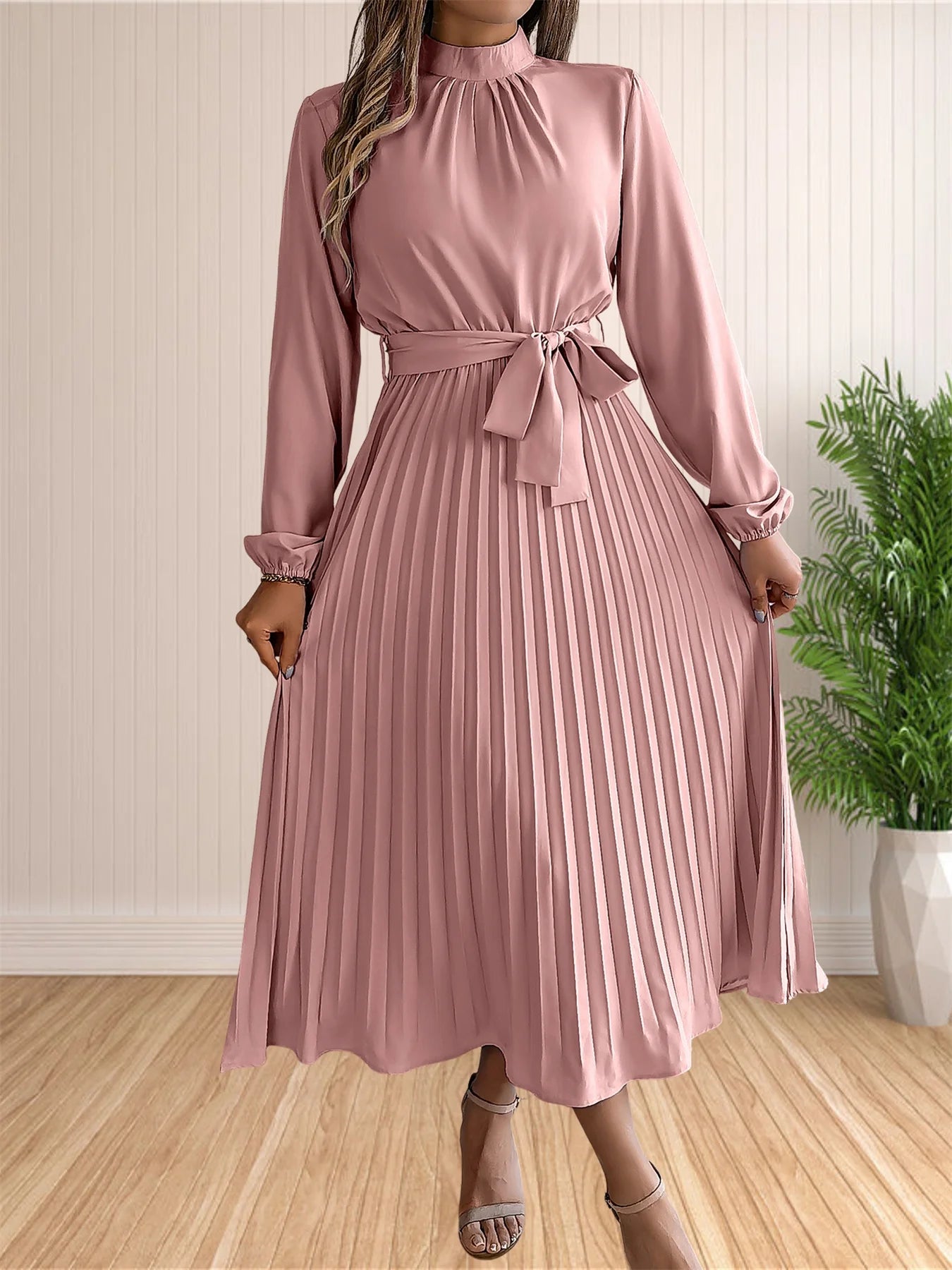 Pleated Long Sleeve Dress