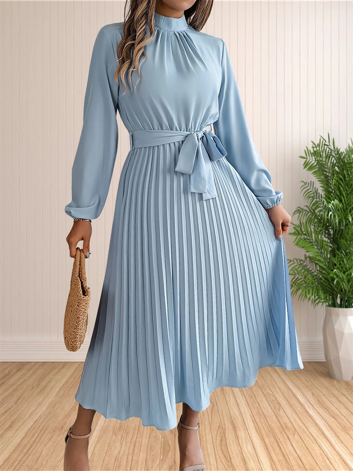 Pleated Long Sleeve Dress