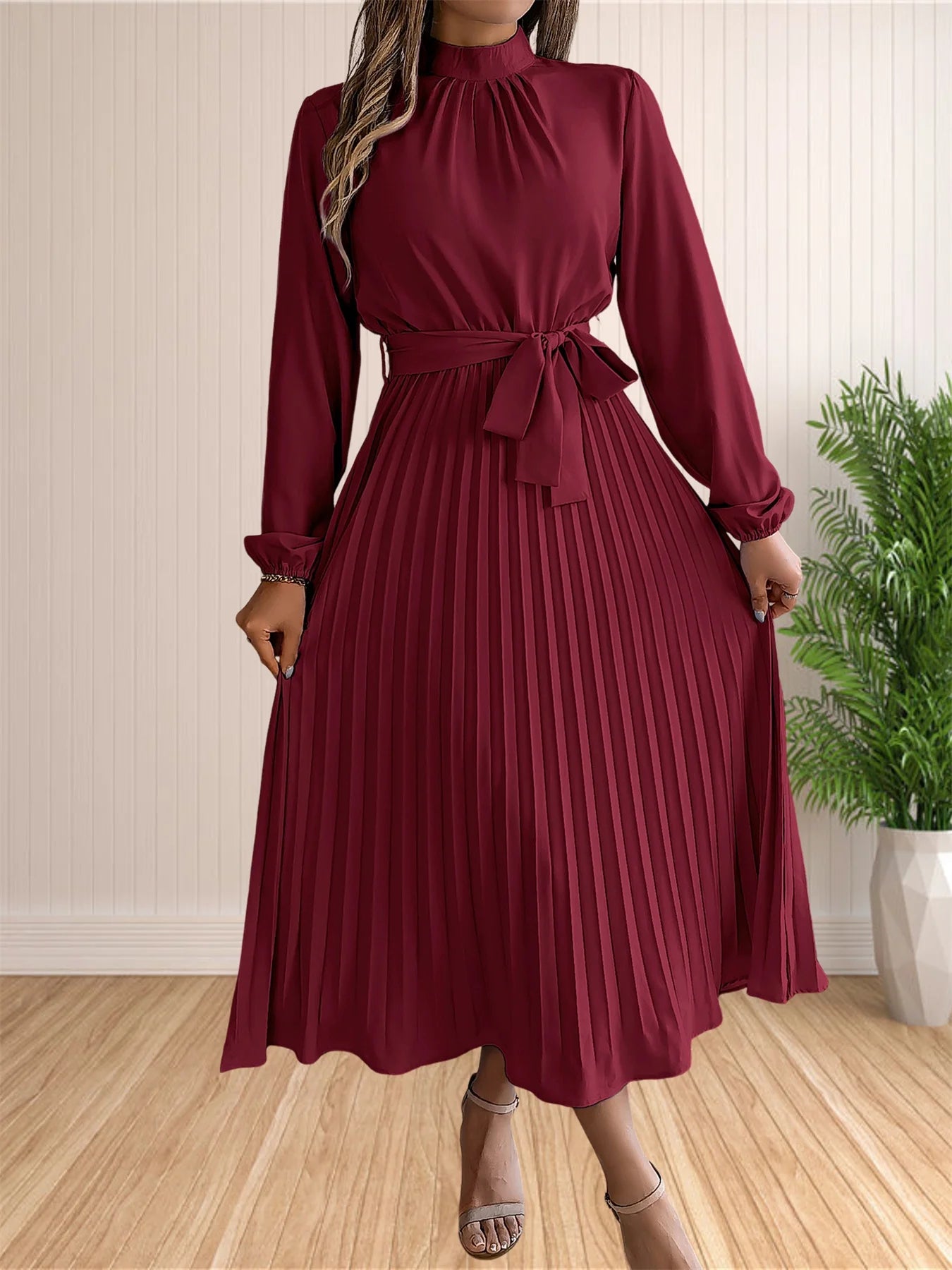 Pleated Long Sleeve Dress