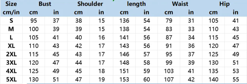 Size chart for clothing measurements in centimeters and inches