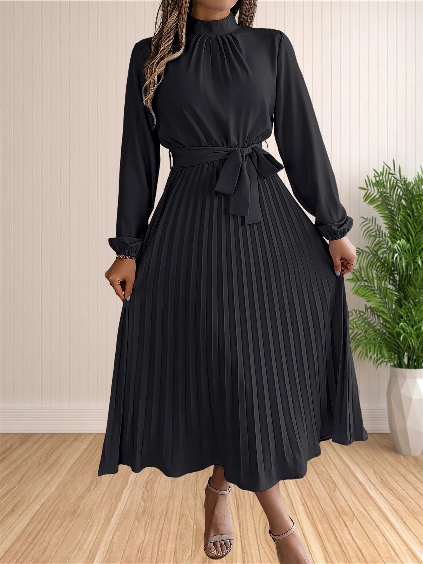 Pleated Long Sleeve Dress